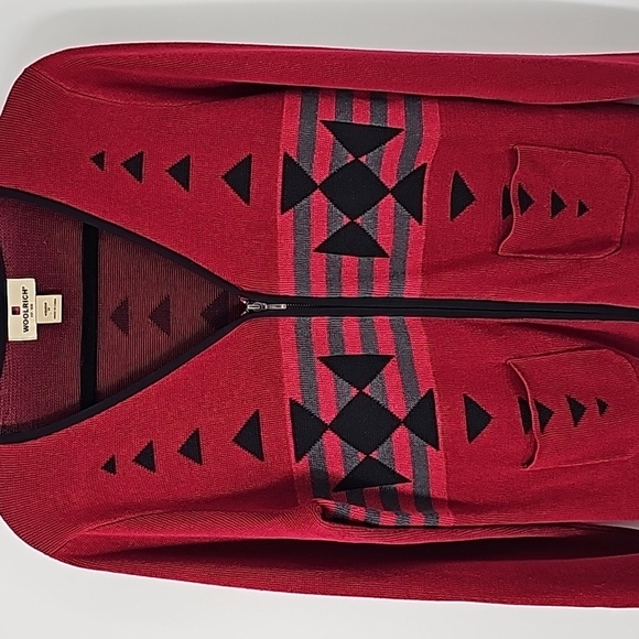 Woolrich Elegant Ruby Red Aztec Design Zip Front Sweater - Picture 16 of 16